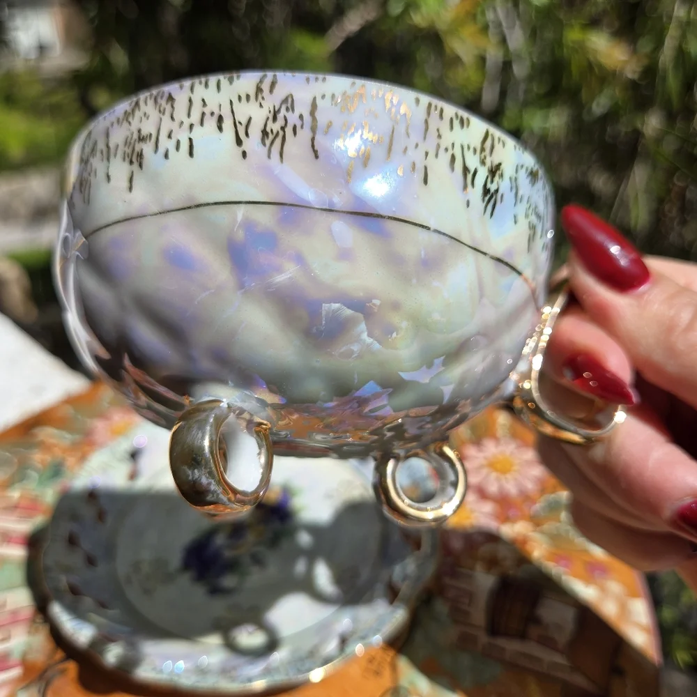 Vntg Lusterware‎ Footed Cup Pierced Saucer Gold trim B. P. Import Japan ART DECO